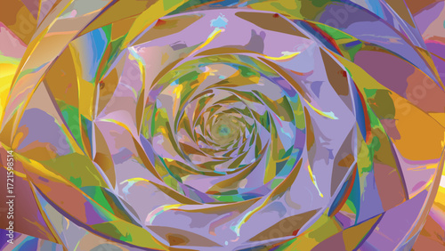 Abstract Spiral Vortex of Geometric Facets in Purple Yellow and Blue Hues Keywords: abstract, spiral, vortex, geometric, facets, purple, yellow, blue, hues, pattern, texture, background, design
