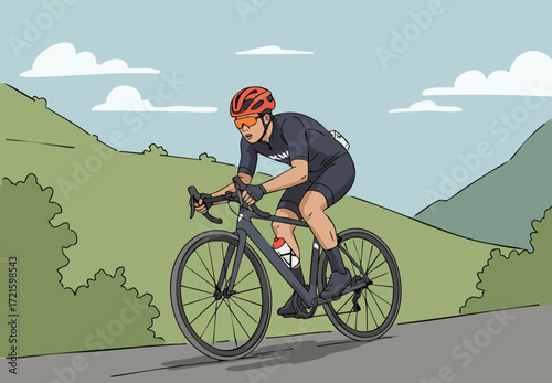 cyclist powerfully descends a hill showcasing determination and athletic prowess Dynamic action shot with a clear foreground and scenic backdrop Suitable for fitness sports and motivation themes