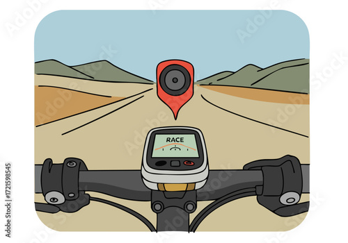 cyclist views a GPS device displaying a location marker on a mountain road The image showcases a dynamic outdoor adventure scene with a clear focused composition