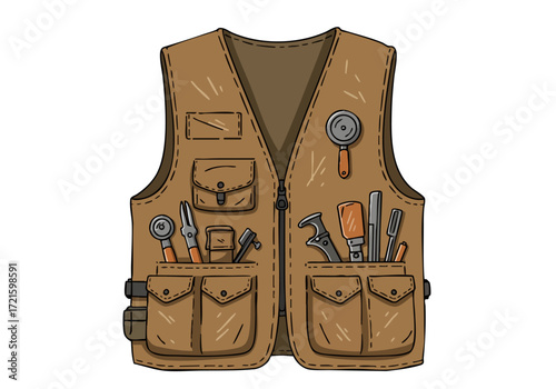A detailed illustration of a utility vest brimming with tools. Perfect for crafting a vintage or adventurous theme. Clean lines and a vintage style make it ideal for commercial use.