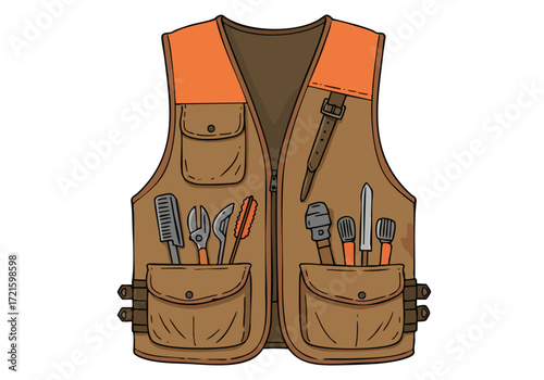 Detailed illustration of a brown vest with orange accents, filled with tools. Perfect for graphic design, illustrations, and marketing materials. Clean, modern style.