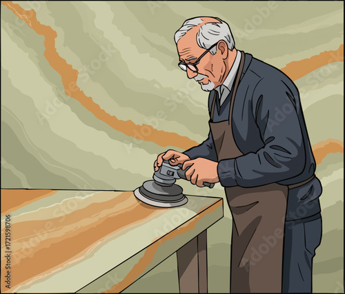 An elderly craftsman meticulously polishes a green onyx tabletop, capturing a nostalgic moment. Focus on detail and texture. ?Polish the Past?