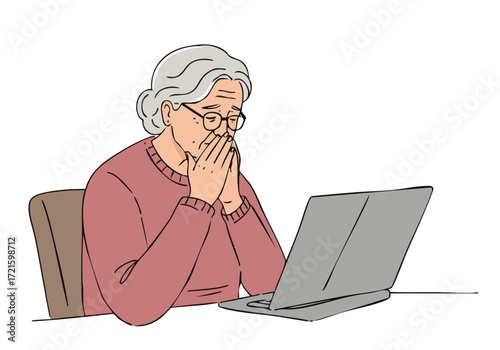 An elderly woman sits at a laptop, appearing thoughtful and slightly distressed. The illustration emphasizes emotional growth and resilience. A simple, modern style.