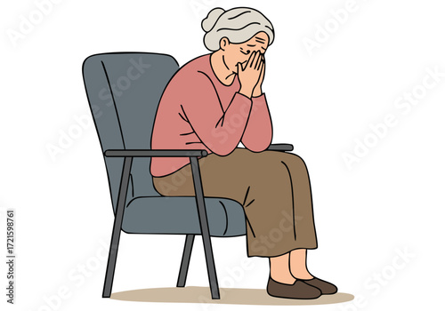 elderly woman sits in chair visibly grieving The illustration uses a stylized slightly surreal aesthetic with text overlay suggesting therapy and growth A muted color palette and detailed linework