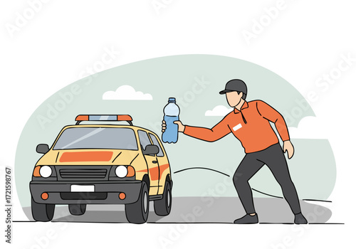 A firefighter hands a bottle of water to a police officer at a roadside emergency.  Clear, bright illustration with a focus on helping and support.  Pass the power!