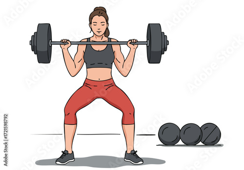 A fit woman performs a barbell squat in a gym. She wears athletic apparel and demonstrates strength and determination. Clean, modern studio setting.