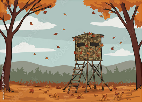 A hunter hides in a camouflage tree stand amidst autumn foliage. A rustic ladder leads to the elevated platform.  ?Hide the Hunt? text overlay.  Warm, inviting fall scene.