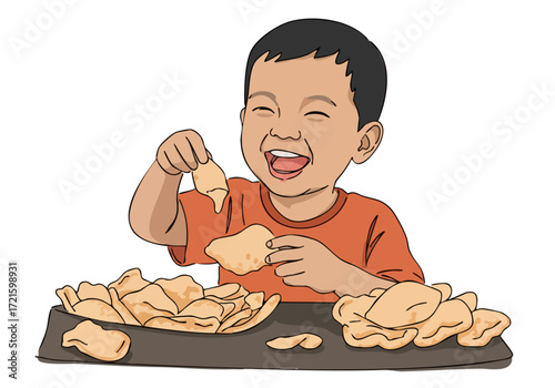 A joyful young boy enthusiastically eats tortilla chips, emphasizing the 'crunch the cheer' experience. Bright colors and a playful composition create a vibrant, appealing image.