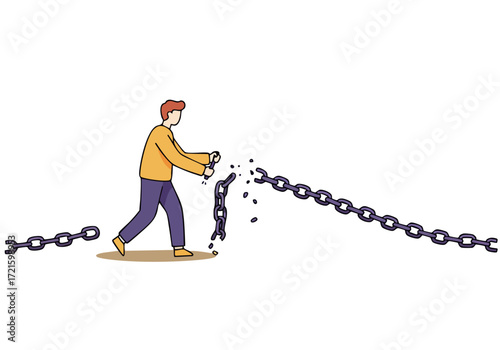 A man breaks free from a chain, symbolizing overcoming fear and achieving freedom. A dynamic illustration with a modern, minimalist style.