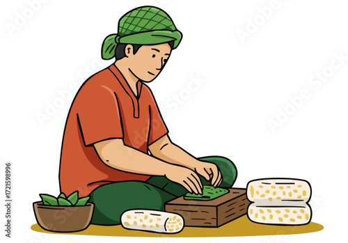 A man crafts tempeh, showcasing traditional Indonesian skill. He sits, focused on his work with fresh soybeans. Warm colors and a rustic setting highlight a cultural craft.