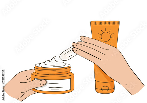 A person applies sunscreen from a tube onto their hands, showcasing a jar of cream. Clean, bright illustration. Focus on skincare and healthy skin. Modern aesthetic.