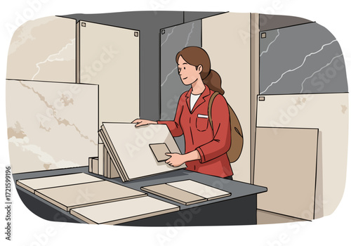 professional woman carefully examines ceramic tiles in a showroom She-s selecting a slab showcasing a modern stylish interior design choice Clear composition bright lighting