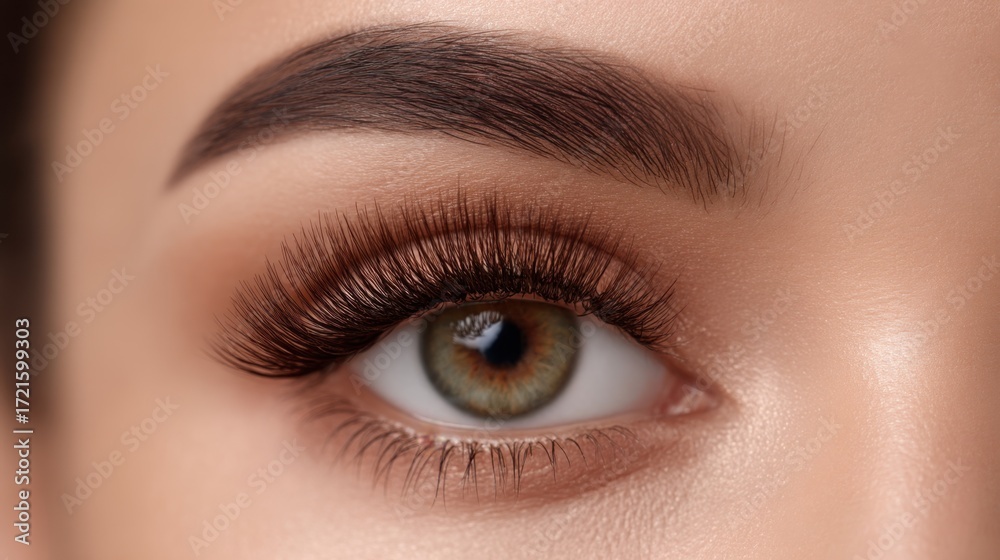 Obraz premium Close-Up of Beautiful Eye with Long Lashes, Defined Eyebrow, and Subtle Makeup Enhancing Natural Features and Beauty in an Artistic Presentation