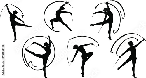 Rhythmic gymnastics dancer silhouette with ribbon, artistic gymnast performance, sport competition, graceful female athlete, acrobatics, dance movement, fitness illustration