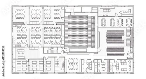 Architectural floor plan of a commercial building with offices and retail spaces isolated on white background