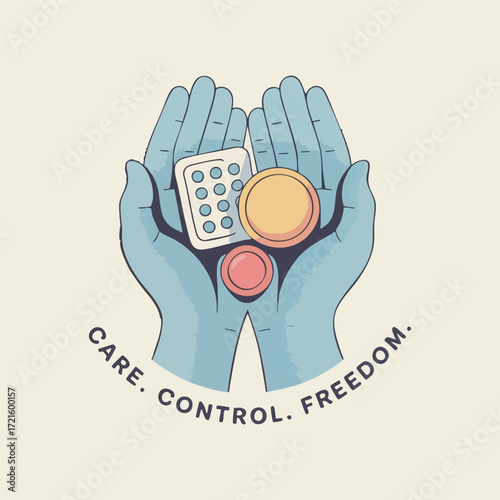 World Contraception Day vector illustration showing symbolic birth control methods like pill, condom, IUD, implant in abstract conceptual themes promoting reproductive freedom and health awareness