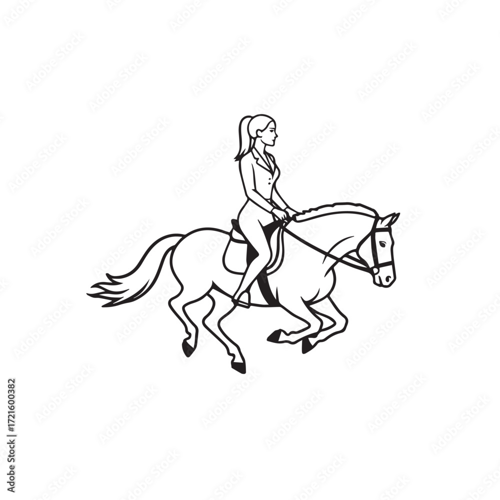 Obraz premium Black and white line art of a beautiful woman with perfect body riding horse elegant minimalist illustration