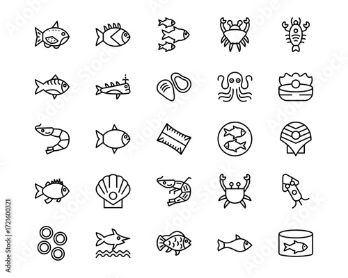 Fish and Seafood Line Vector Icons