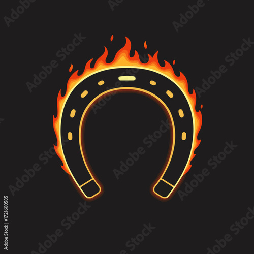 Flaming Horseshoe Graphic in Orange and Yellow, Symbolizing Luck and Power with Copy Space
