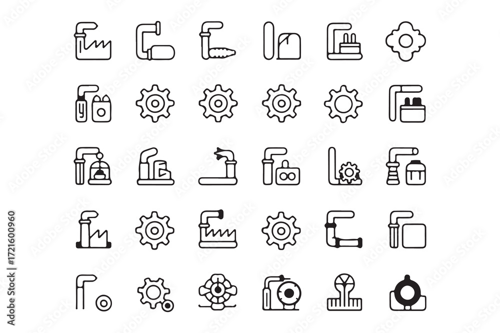 Fototapeta premium Factory Icons Set Industrial Machinery and Production Line