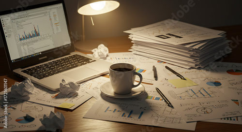 A coffee cup half full on a messy work desk with scattered papers