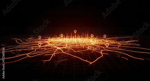 Futuristic Digital City Map with Glowing Orange Roads and Location Markers on Dark Grid Background