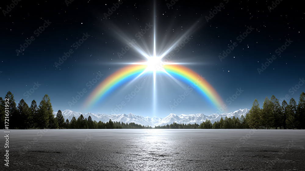 Obraz premium A captivating scene featuring a bright sun and vibrant rainbow over a serene landscape, symbolizing hope and beauty of nature.