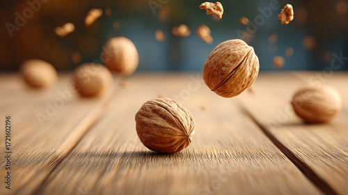 Crisp walnut on wood, healthy snack for diet and longevity with warm light, rustic mood, natural texture, falling nut motion, clean food concept