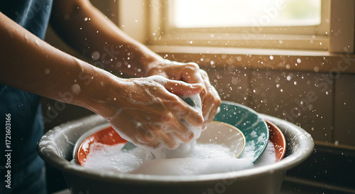 A pair of hands washing dishes in a sink with soap bubbles