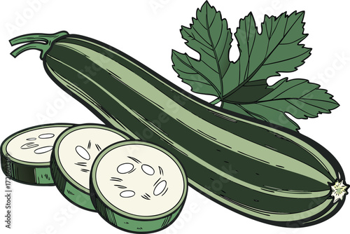 Scalable vector illustration of a deep green zucchini vegetable with slices