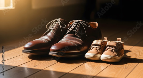 Photorealistic Leather Shoes and Child Shoes Symbolizing Fatherhood