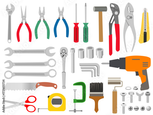 A comprehensive collection of hand tools and power tools, including wrenches, pliers, screwdrivers, a drill, and measuring tools.