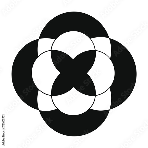 Black and White Geometric Flower Shape with Intersecting Circles and Squares abstract pattern