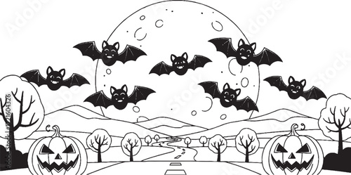 A black and white Halloween illustration featuring bats flying over pumpkins, a road, and a full moon in the background.