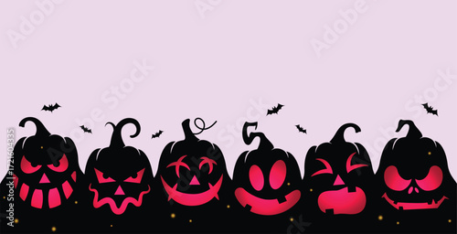 Cute Halloween illustration with glowing pink jack o’ lanterns, flying bats, and a pastel purple background. Perfect for trick or treat cards, festive clipart, posters, and spooky October designs.