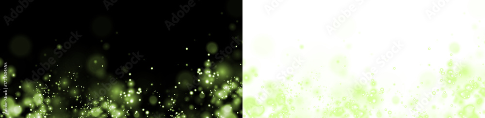 Fototapeta premium Green bokeh overlay with soft glowing lights on a black background, transitioning to a bright white background, creating a dreamy and ethereal atmosphere for design projects