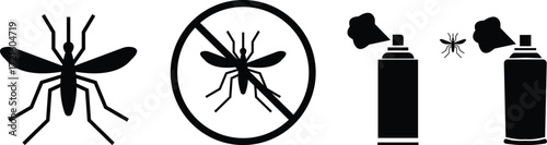 Mosquito with Spray Icon Set, Insect Control, Repellent, Pest Protection, Health, Safety, Bug Spray, Malaria Prevention, and Hygiene Symbols in Modern Vector Style, Malaria Danger Warning Signal