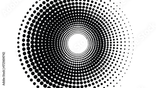 Black and white halftone spiral vortex of dots on a white background abstract