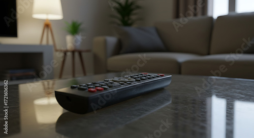 A remote control with worn-out buttons on a living room table