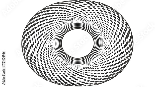 Black and White Swirling Elliptical Pattern Forming a Concentric Circle on White Background abstract