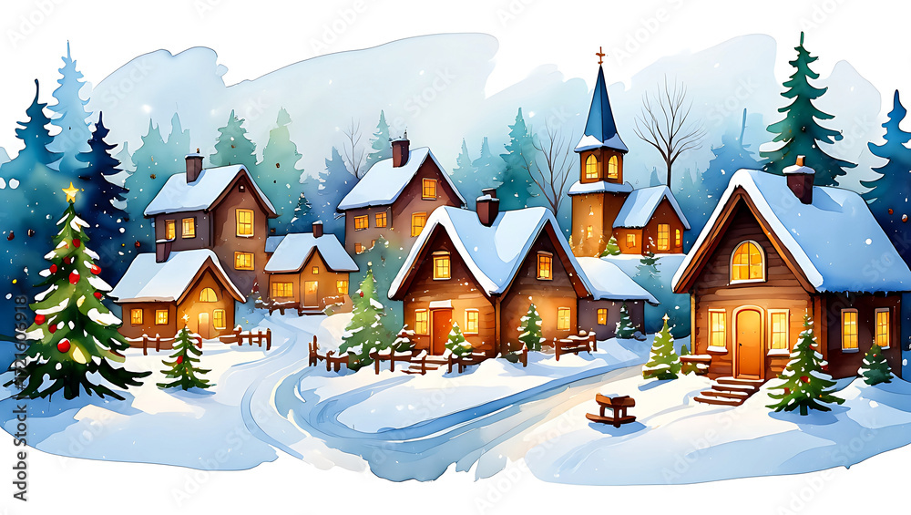 Naklejka premium Watercolor Winter Village Scene with Church and Cozy Homes Snow Covered Landscape Christmas Holiday Theme Ideal for Greeting Cards