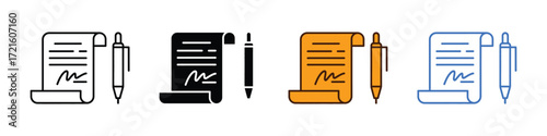 Agreement icon vector. Contract signing with signature and pen for business agreement, legal document, deal settlement, or official paperwork symbol. vector illustration.