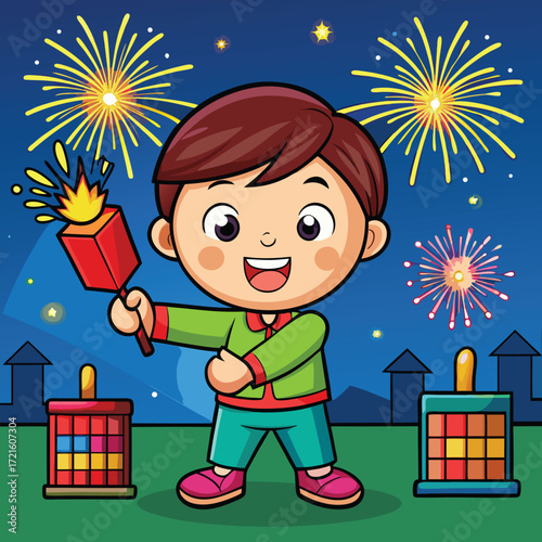 Happy child celebrating with bright fireworks and festive firecrackers at night vector