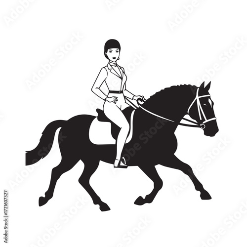 Black and white line art of a beautiful woman with perfect body riding horse elegant minimalist illustration