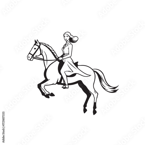 Black and white line art of a beautiful woman with perfect body riding horse elegant minimalist illustration