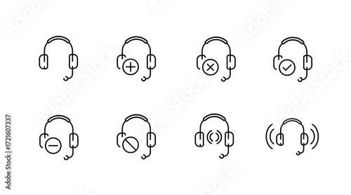 Communication and support icons set – outline, linear, headset and customer service tools