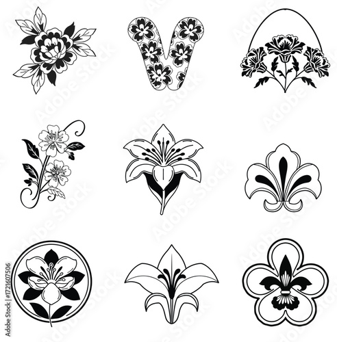 A premium set of black and white flowers design
