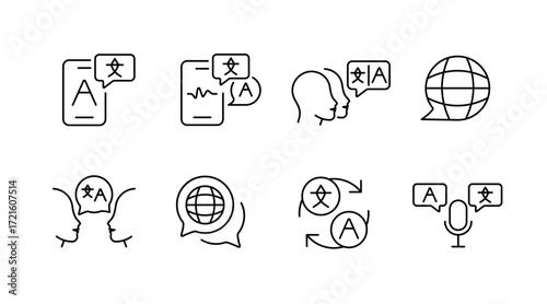 Language silhouette icons set – communication, translation, and speaking symbols