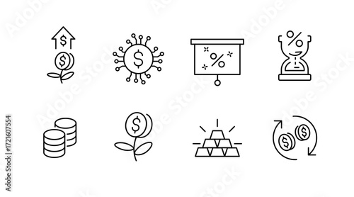Finance and investment outline icons set – linear, money, business symbols