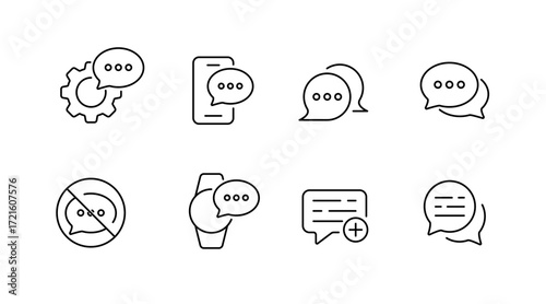 Communication and chat outline icons set – linear, messaging, conversation symbols